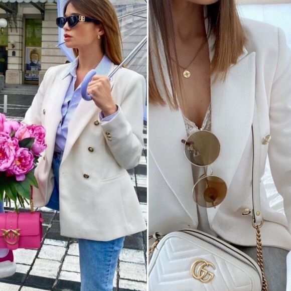 Blogger Fave Zara Ivory Double Breasted Tailored Blazer Textured Pique Size S - Picture 3 of 13